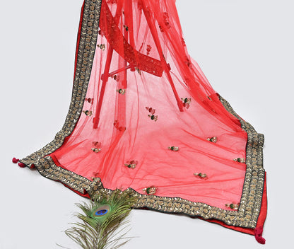 Indian Heavy Wedding Dupatta Red Net Long Stole Hand Embroidered By Designer Sabyasachi Scarves Zardozi Bridal Veil