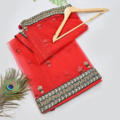 Indian Heavy Wedding Dupatta Red Net Long Stole Hand Embroidered By Designer Sabyasachi Scarves Zardozi Bridal Veil