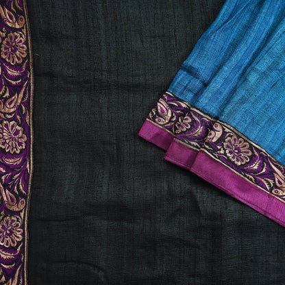 Indian Vintage Blue & Black Saree Pure Khadi Silk Handloom Hand Beaded Sari Craft Fabric 6yd Ethnic Fringes Dress making Crafting Quilting