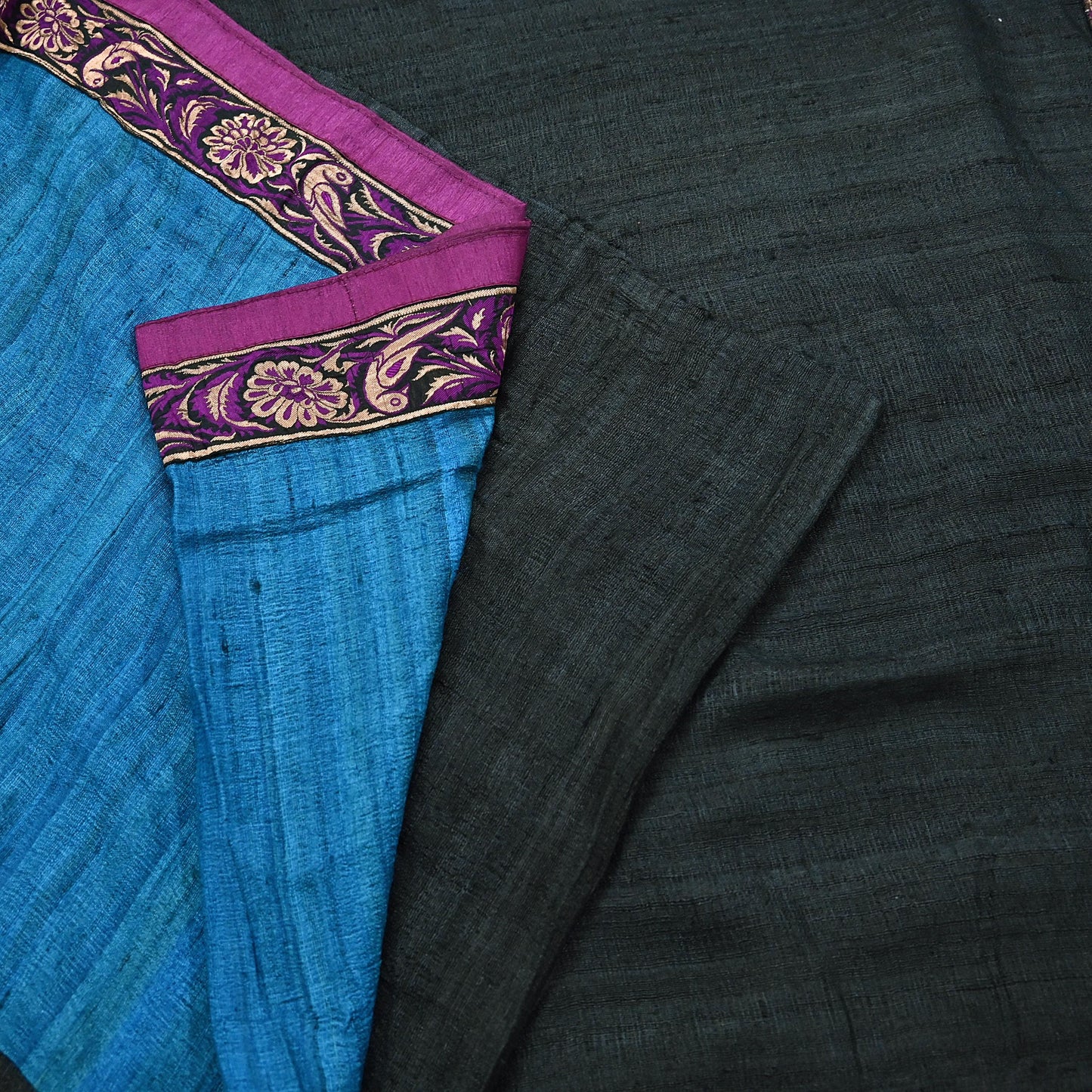 Indian Vintage Blue & Black Saree Pure Khadi Silk Handloom Hand Beaded Sari Craft Fabric 6yd Ethnic Fringes Dress making Crafting Quilting