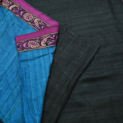 Indian Vintage Blue & Black Saree Pure Khadi Silk Handloom Hand Beaded Sari Craft Fabric 6yd Ethnic Fringes Dress making Crafting Quilting