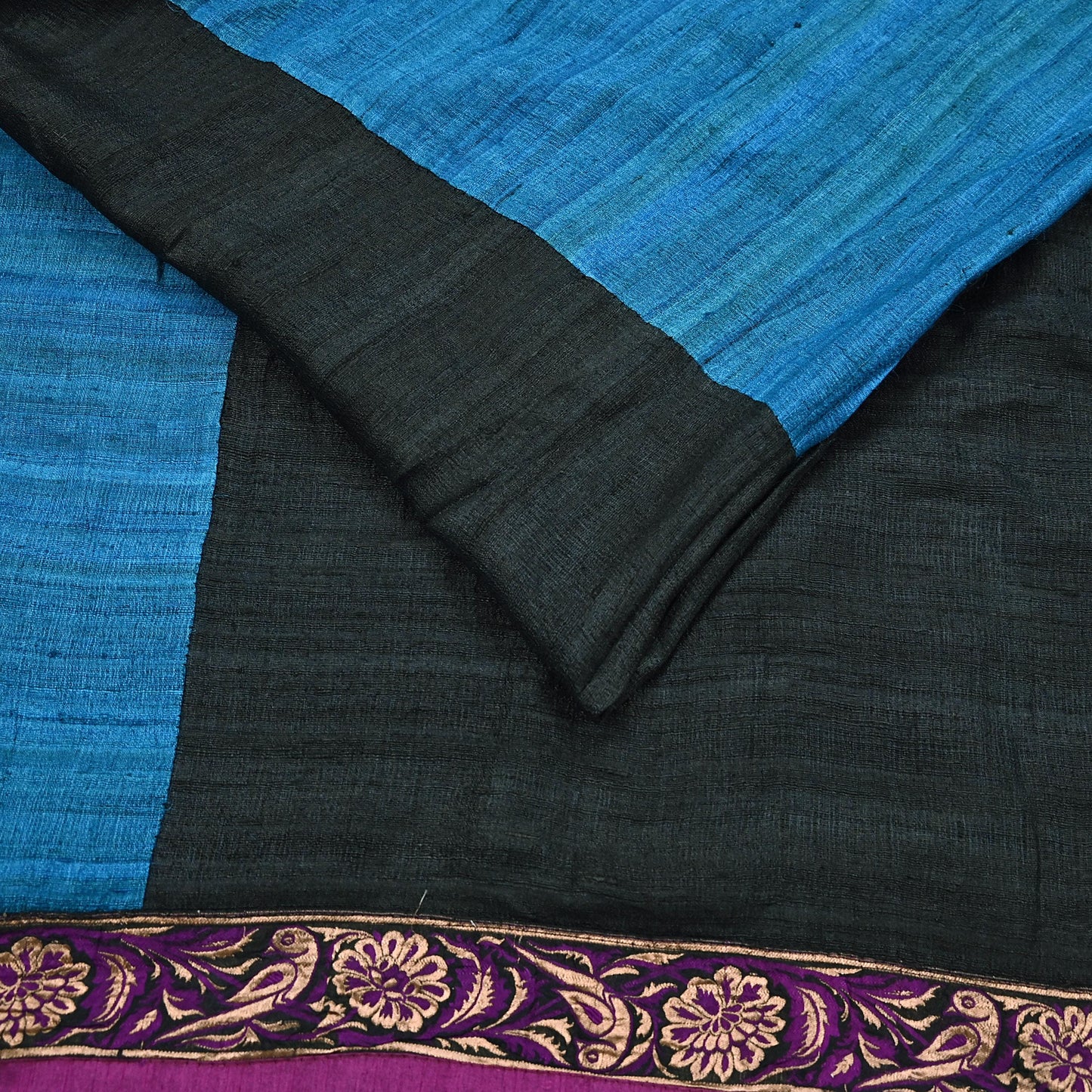 Indian Vintage Blue & Black Saree Pure Khadi Silk Handloom Hand Beaded Sari Craft Fabric 6yd Ethnic Fringes Dress making Crafting Quilting