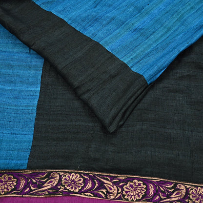 Indian Vintage Blue & Black Saree Pure Khadi Silk Handloom Hand Beaded Sari Craft Fabric 6yd Ethnic Fringes Dress making Crafting Quilting