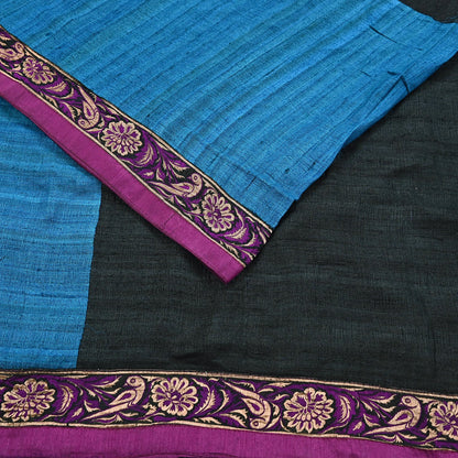 Indian Vintage Blue & Black Saree Pure Khadi Silk Handloom Hand Beaded Sari Craft Fabric 6yd Ethnic Fringes Dress making Crafting Quilting