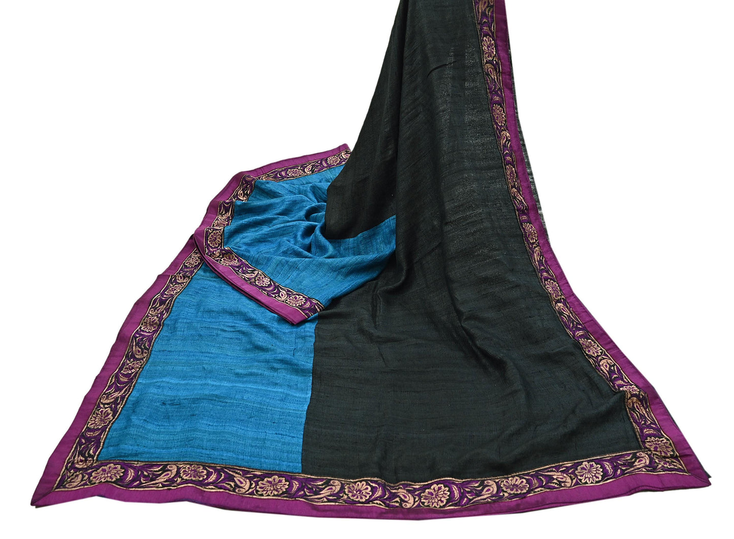 Indian Vintage Blue & Black Saree Pure Khadi Silk Handloom Hand Beaded Sari Craft Fabric 6yd Ethnic Fringes Dress making Crafting Quilting
