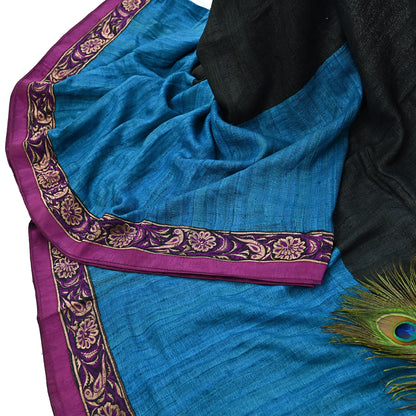 Indian Vintage Blue & Black Saree Pure Khadi Silk Handloom Hand Beaded Sari Craft Fabric 6yd Ethnic Fringes Dress making Crafting Quilting