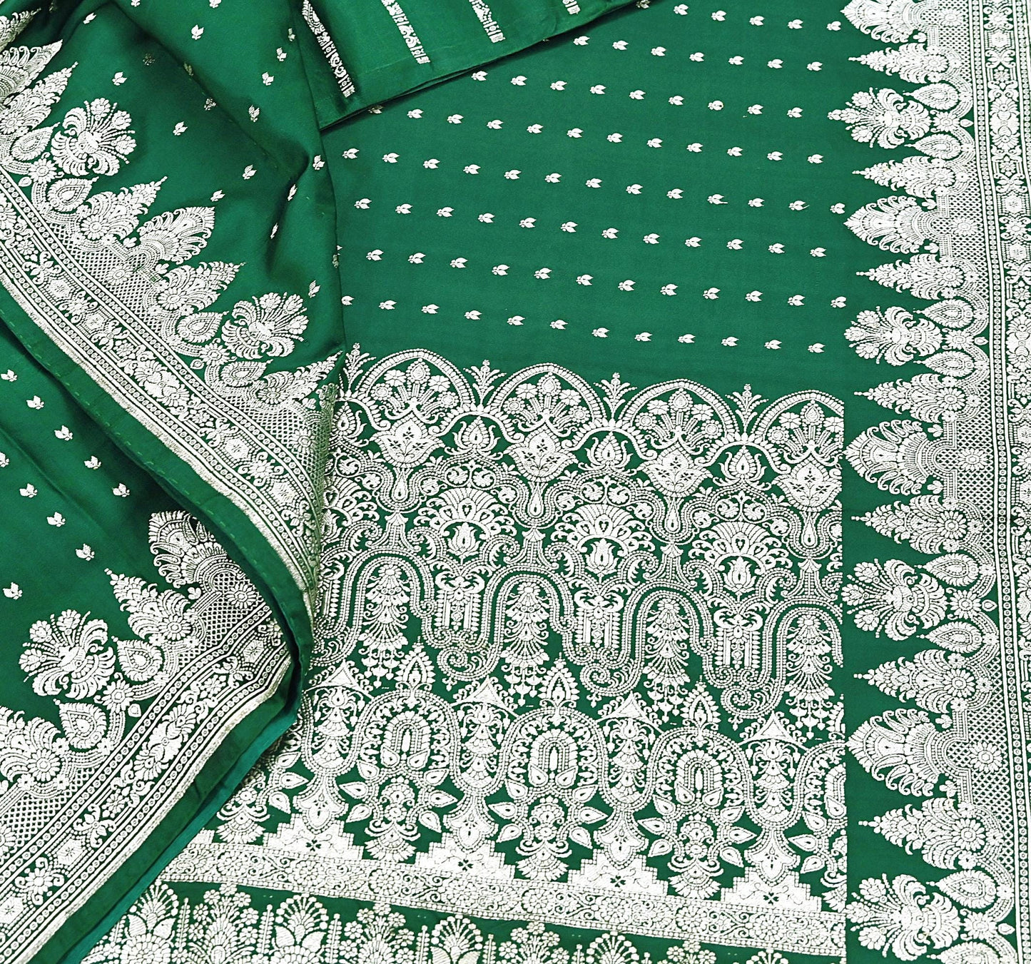 Indian Vintage Sari Bottle Green Heavy Wedding Pure Satin Silk Woven Banarasi Brocade Saree Zari 5Yd Craft Fabric Ethnic Dress making