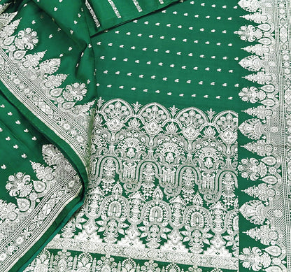 Indian Vintage Sari Bottle Green Heavy Wedding Pure Satin Silk Woven Banarasi Brocade Saree Zari 5Yd Craft Fabric Ethnic Dress making