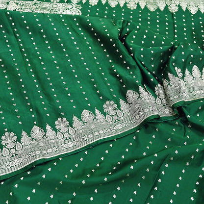 Indian Vintage Sari Bottle Green Heavy Wedding Pure Satin Silk Woven Banarasi Brocade Saree Zari 5Yd Craft Fabric Ethnic Dress making
