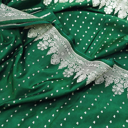 Indian Vintage Sari Bottle Green Heavy Wedding Pure Satin Silk Woven Banarasi Brocade Saree Zari 5Yd Craft Fabric Ethnic Dress making