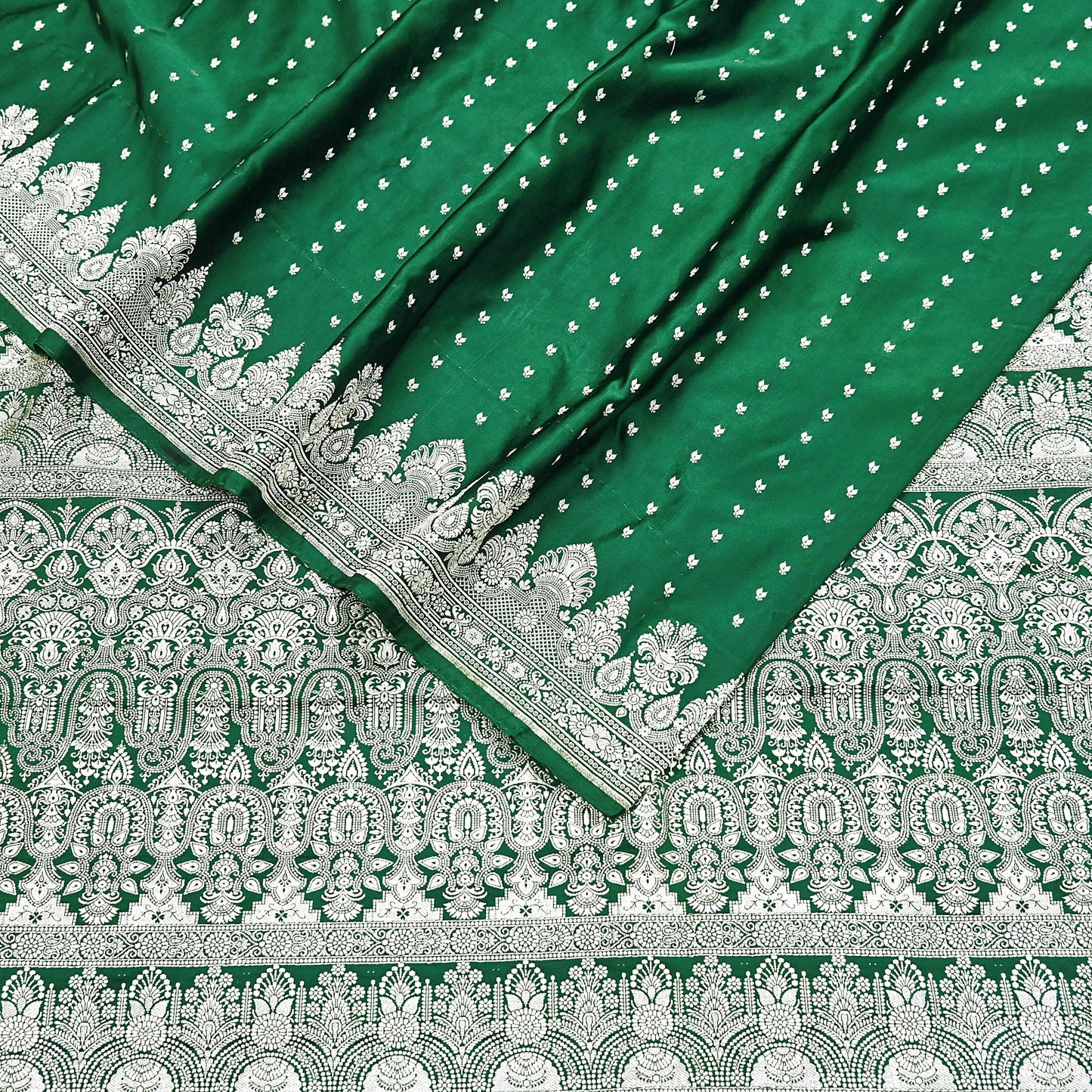 Indian Vintage Sari Bottle Green Heavy Wedding Pure Satin Silk Woven Banarasi Brocade Saree Zari 5Yd Craft Fabric Ethnic Dress making
