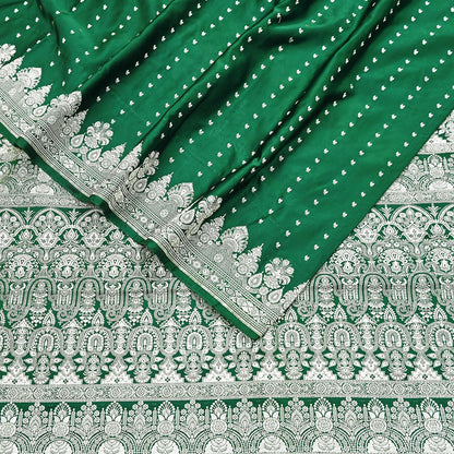 Indian Vintage Sari Bottle Green Heavy Wedding Pure Satin Silk Woven Banarasi Brocade Saree Zari 5Yd Craft Fabric Ethnic Dress making