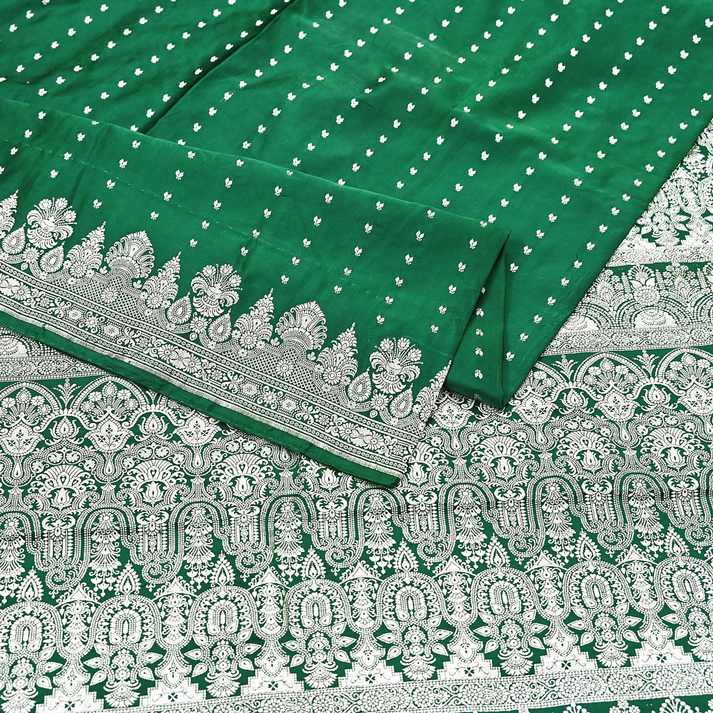 Indian Vintage Sari Bottle Green Heavy Wedding Pure Satin Silk Woven Banarasi Brocade Saree Zari 5Yd Craft Fabric Ethnic Dress making