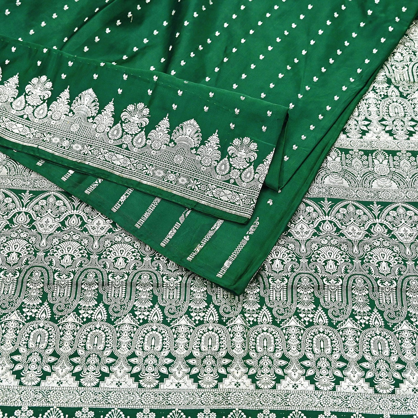 Indian Vintage Sari Bottle Green Heavy Wedding Pure Satin Silk Woven Banarasi Brocade Saree Zari 5Yd Craft Fabric Ethnic Dress making