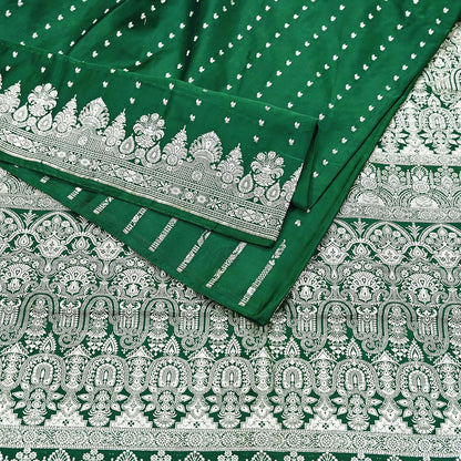 Indian Vintage Sari Bottle Green Heavy Wedding Pure Satin Silk Woven Banarasi Brocade Saree Zari 5Yd Craft Fabric Ethnic Dress making