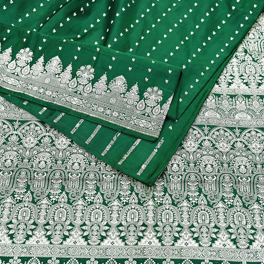 Indian Vintage Sari Bottle Green Heavy Wedding Pure Satin Silk Woven Banarasi Brocade Saree Zari 5Yd Craft Fabric Ethnic Dress making