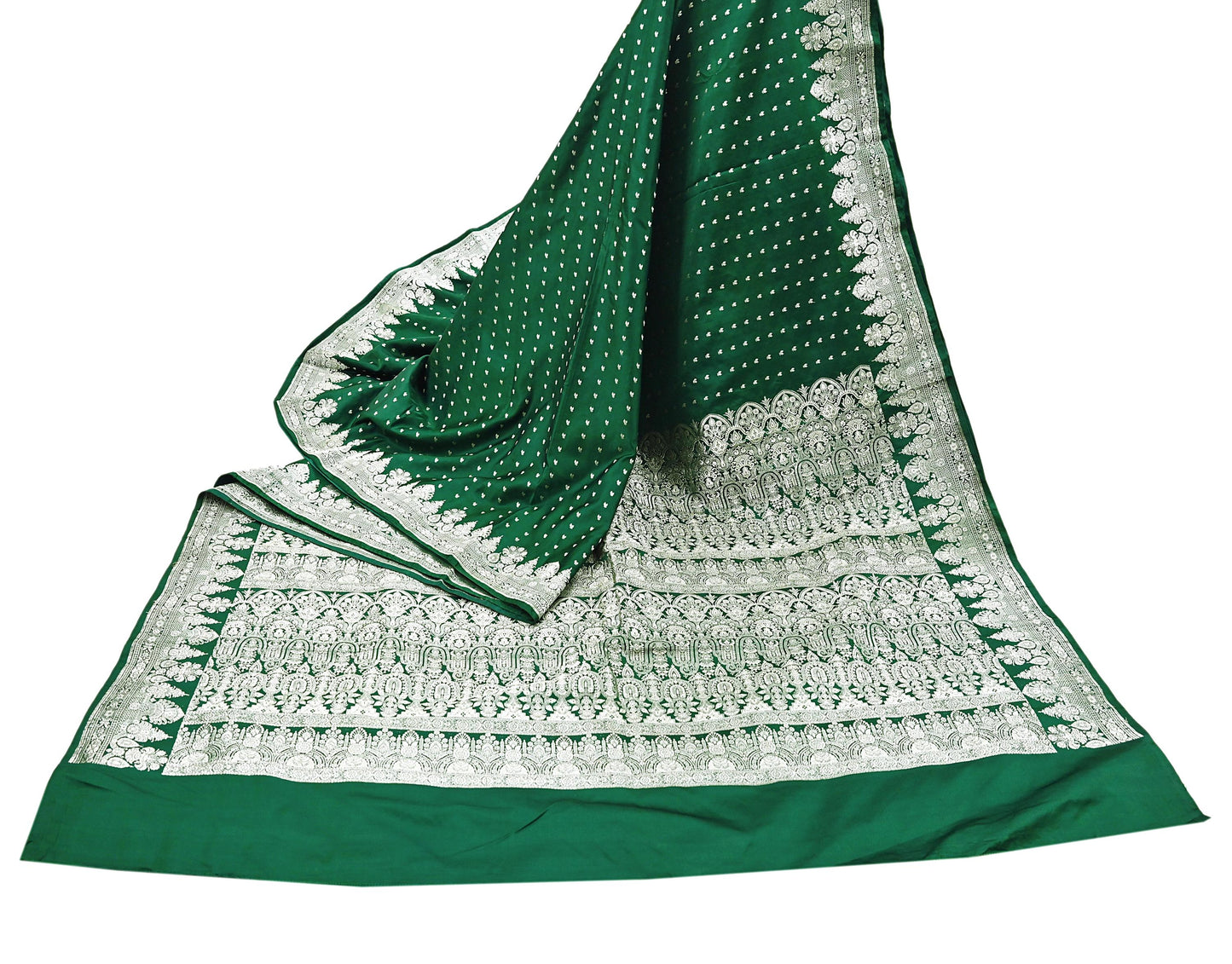 Indian Vintage Sari Bottle Green Heavy Wedding Pure Satin Silk Woven Banarasi Brocade Saree Zari 5Yd Craft Fabric Ethnic Dress making