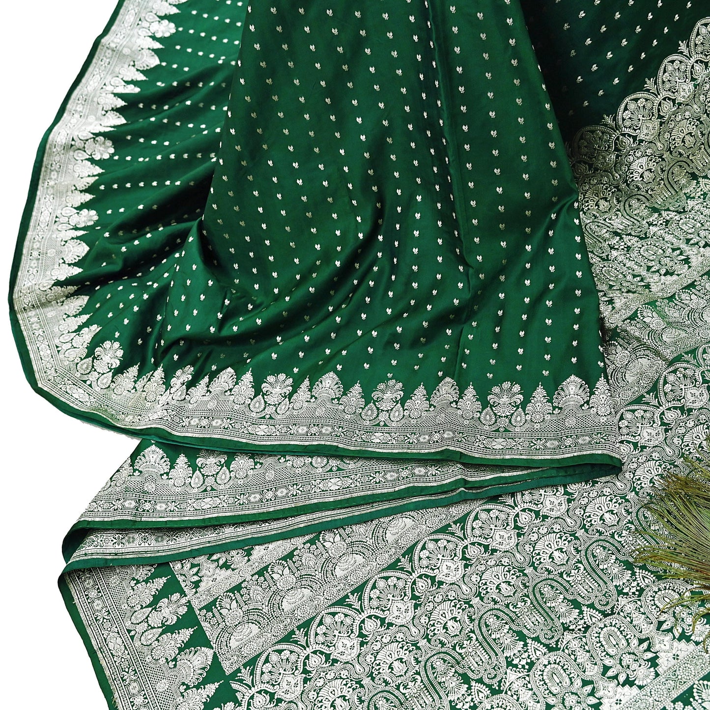Indian Vintage Sari Bottle Green Heavy Wedding Pure Satin Silk Woven Banarasi Brocade Saree Zari 5Yd Craft Fabric Ethnic Dress making