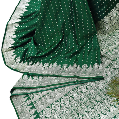 Indian Vintage Sari Bottle Green Heavy Wedding Pure Satin Silk Woven Banarasi Brocade Saree Zari 5Yd Craft Fabric Ethnic Dress making