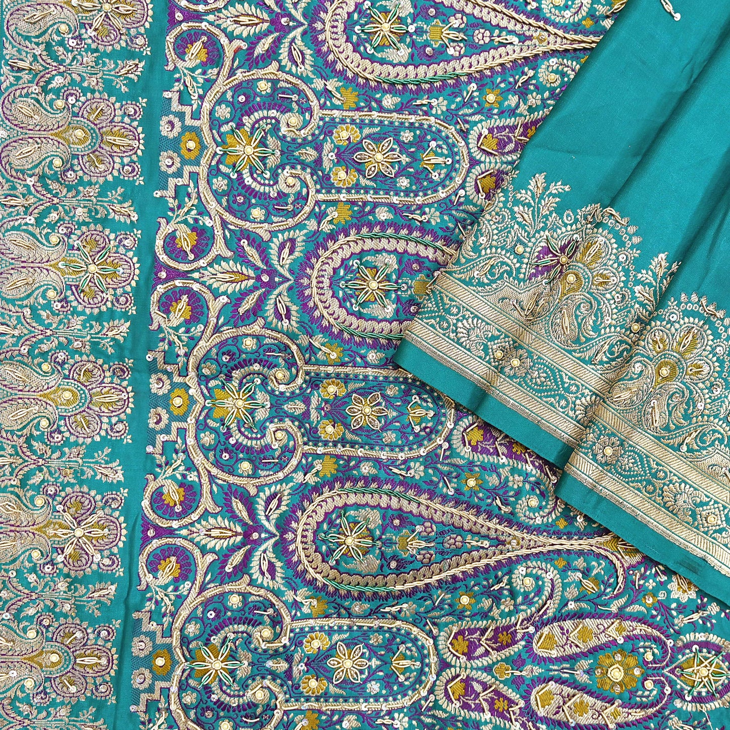 Indian Vintage Green Heavy Wedding Saree Pure Satin Silk Hand Embroidered Banarsi Brocade Sari Zari/Zardozi/Dabka 5Yd Dressmaking