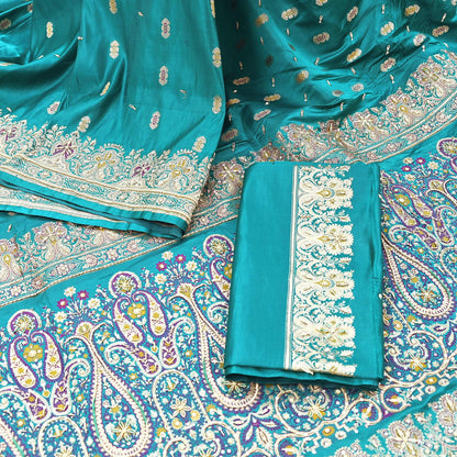 Indian Vintage Green Heavy Wedding Saree Pure Satin Silk Hand Embroidered Banarsi Brocade Sari Zari/Zardozi/Dabka 5Yd Dressmaking