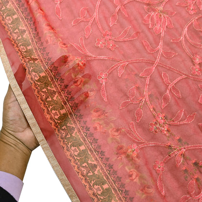 Indian Vintage Dupatta Brown & Pink Pure Georgette silk Long Stole Embroidered Scarves Stole Veil Wrap Sequins Zari