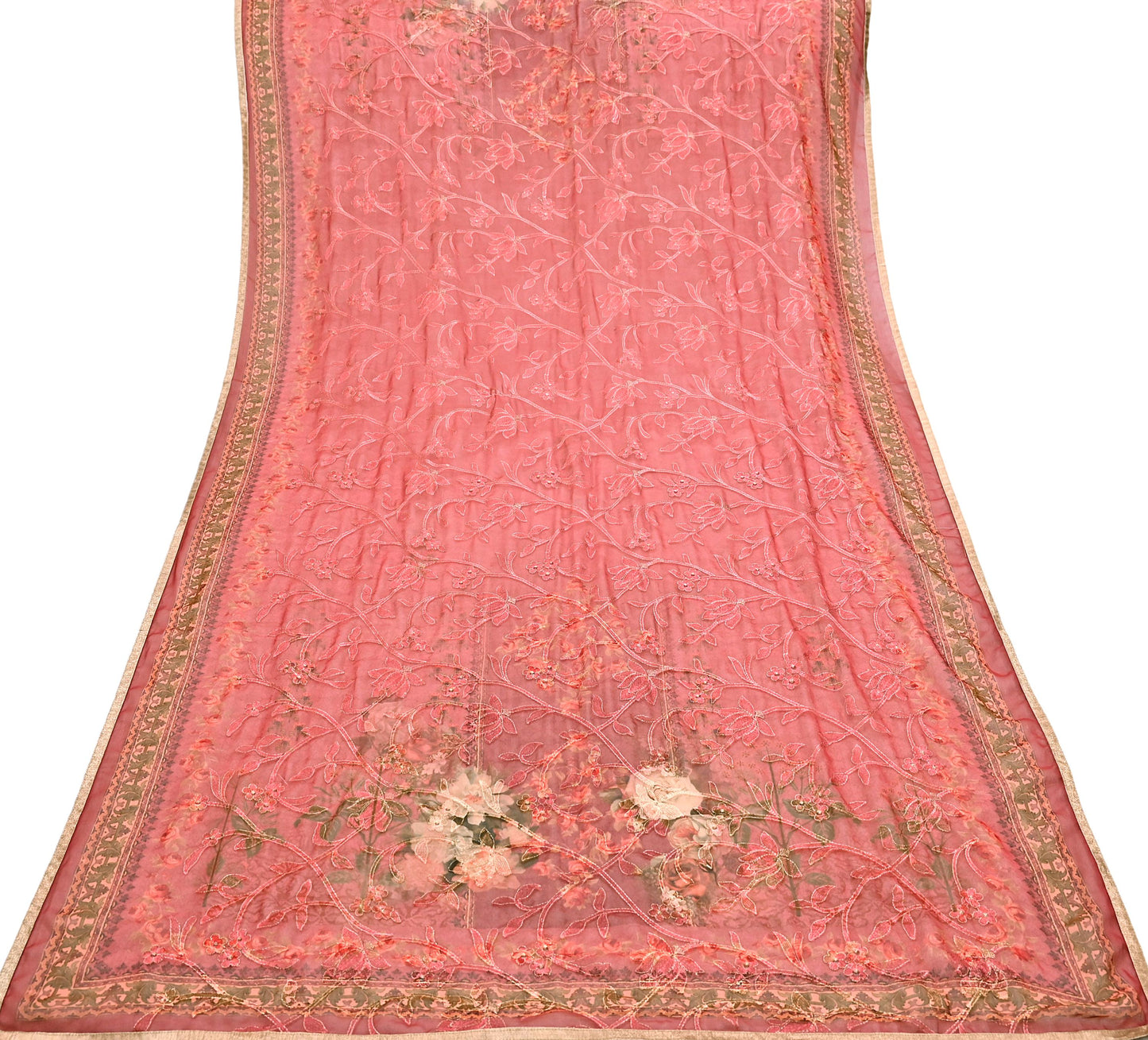 Indian Vintage Dupatta Brown & Pink Pure Georgette silk Long Stole Embroidered Scarves Stole Veil Wrap Sequins Zari