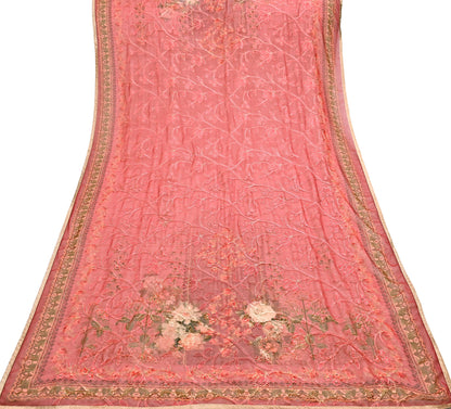 Indian Vintage Dupatta Brown & Pink Pure Georgette silk Long Stole Embroidered Scarves Stole Veil Wrap Sequins Zari