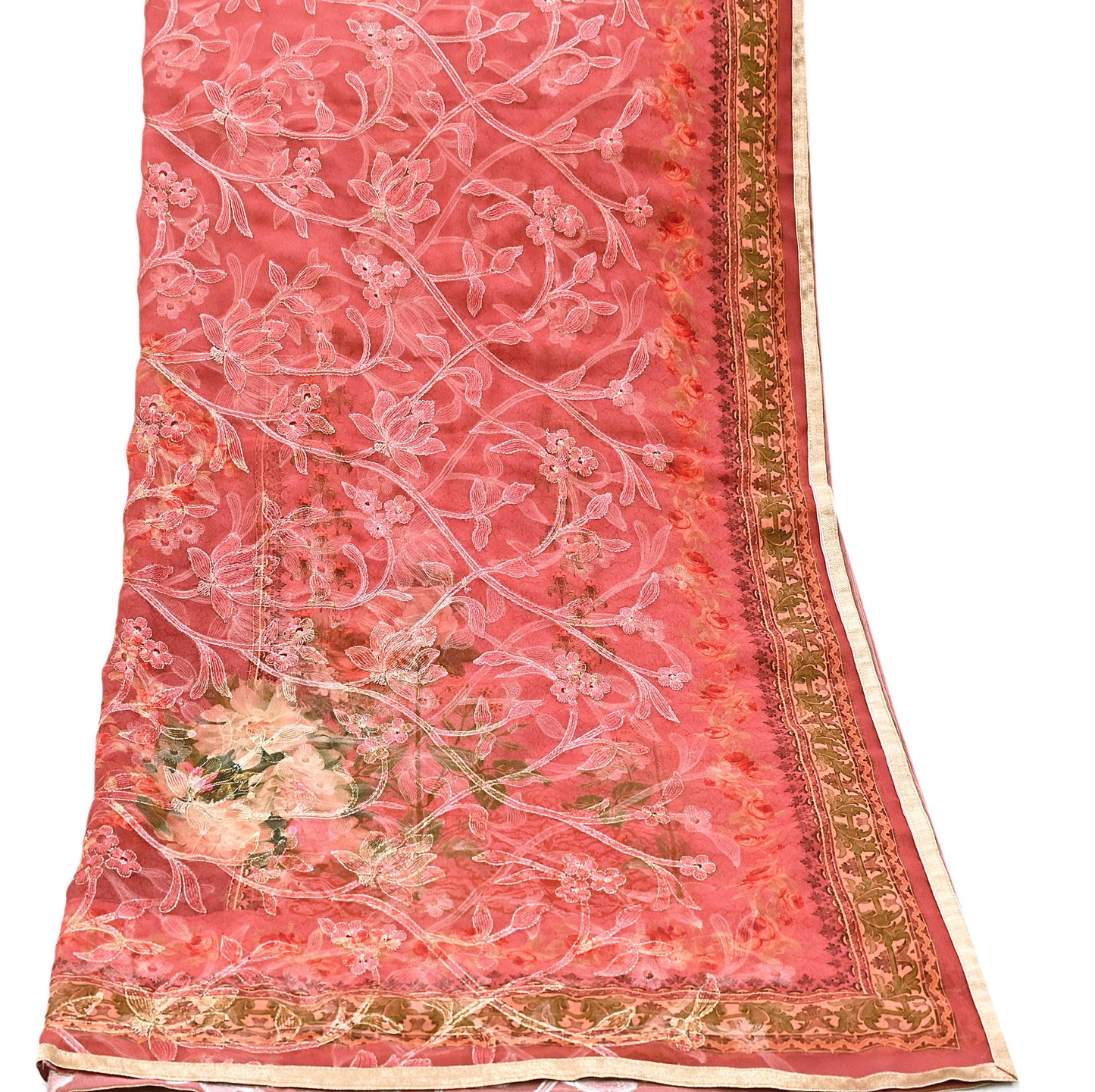 Indian Vintage Dupatta Brown & Pink Pure Georgette silk Long Stole Embroidered Scarves Stole Veil Wrap Sequins Zari