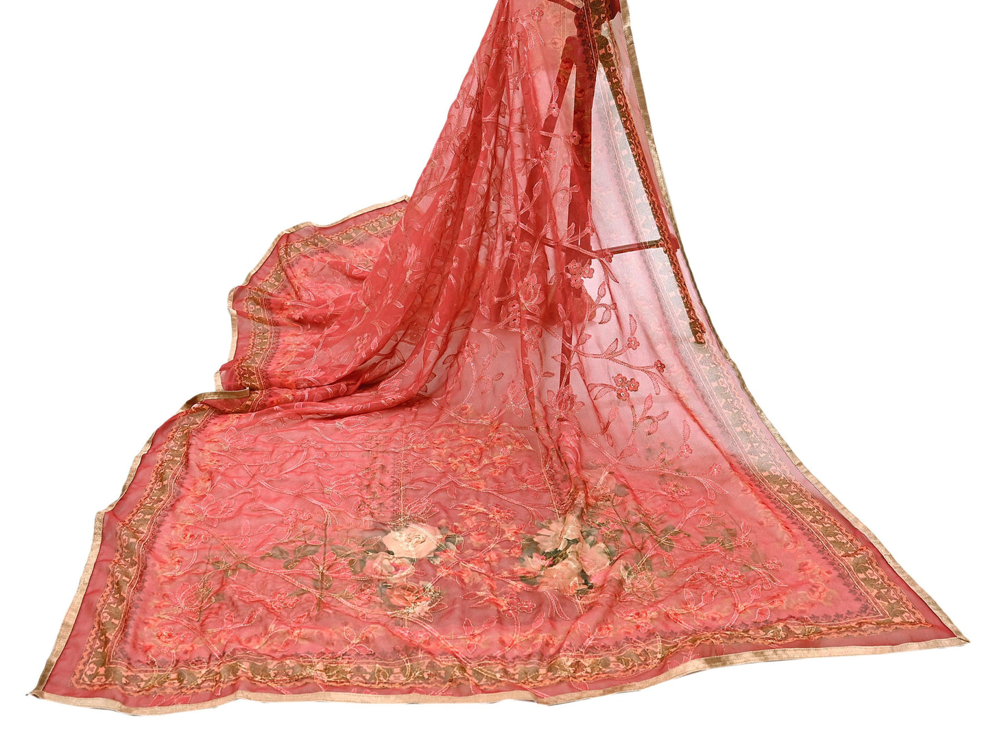 Indian Vintage Dupatta Brown & Pink Pure Georgette silk Long Stole Embroidered Scarves Stole Veil Wrap Sequins Zari