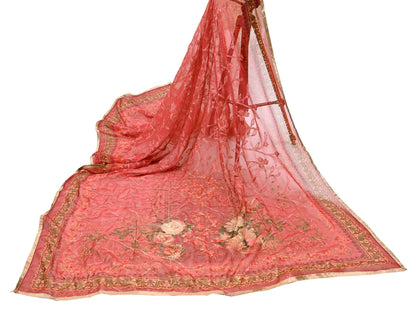 Indian Vintage Dupatta Brown & Pink Pure Georgette silk Long Stole Embroidered Scarves Stole Veil Wrap Sequins Zari