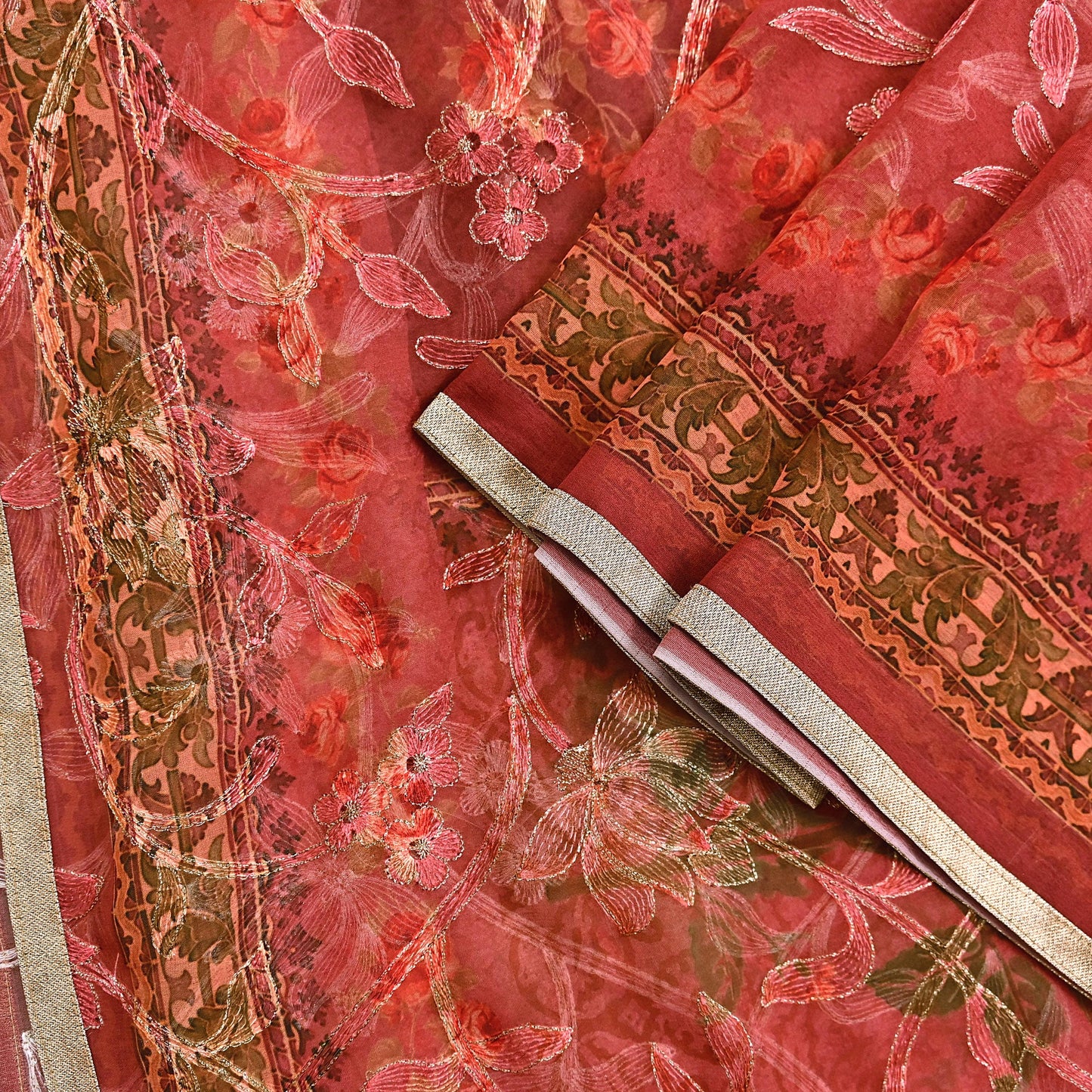 Indian Vintage Dupatta Brown & Pink Pure Georgette silk Long Stole Embroidered Scarves Stole Veil Wrap Sequins Zari