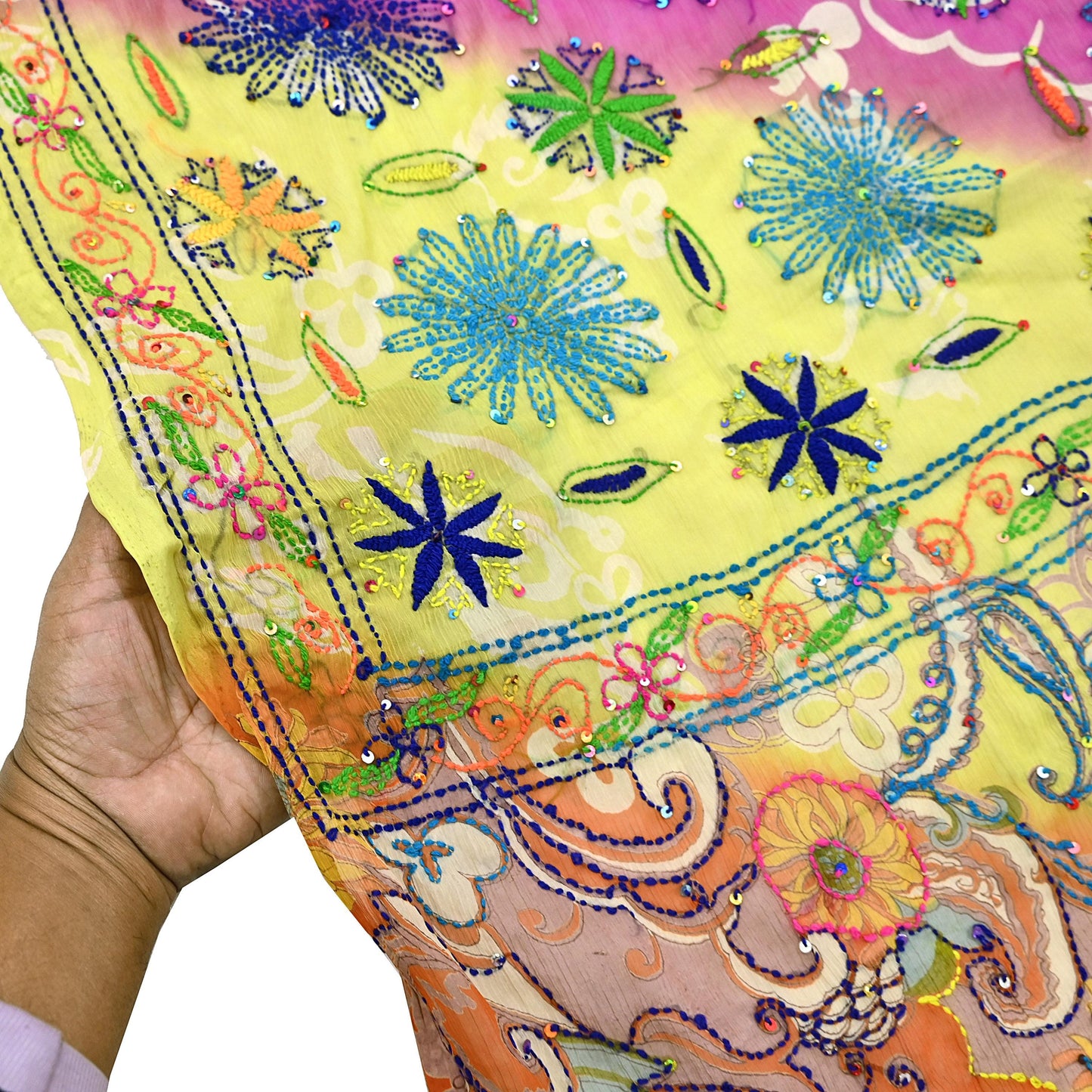 Indian Vintage Dupatta Long Stole Hand Embroidered kantha stole Georgette Scarves Veil Wrap Soft Floral Sequins