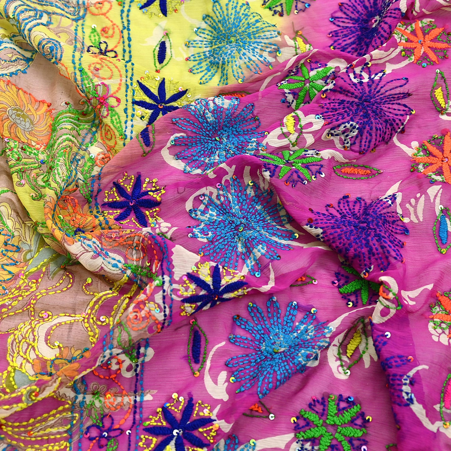 Indian Vintage Dupatta Long Stole Hand Embroidered kantha stole Georgette Scarves Veil Wrap Soft Floral Sequins