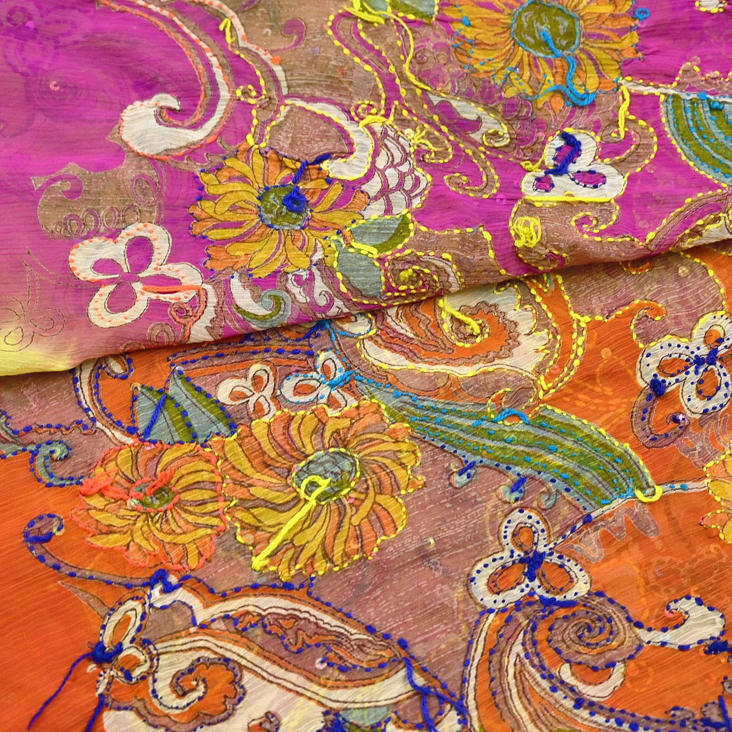Indian Vintage Dupatta Long Stole Hand Embroidered kantha stole Georgette Scarves Veil Wrap Soft Floral Sequins