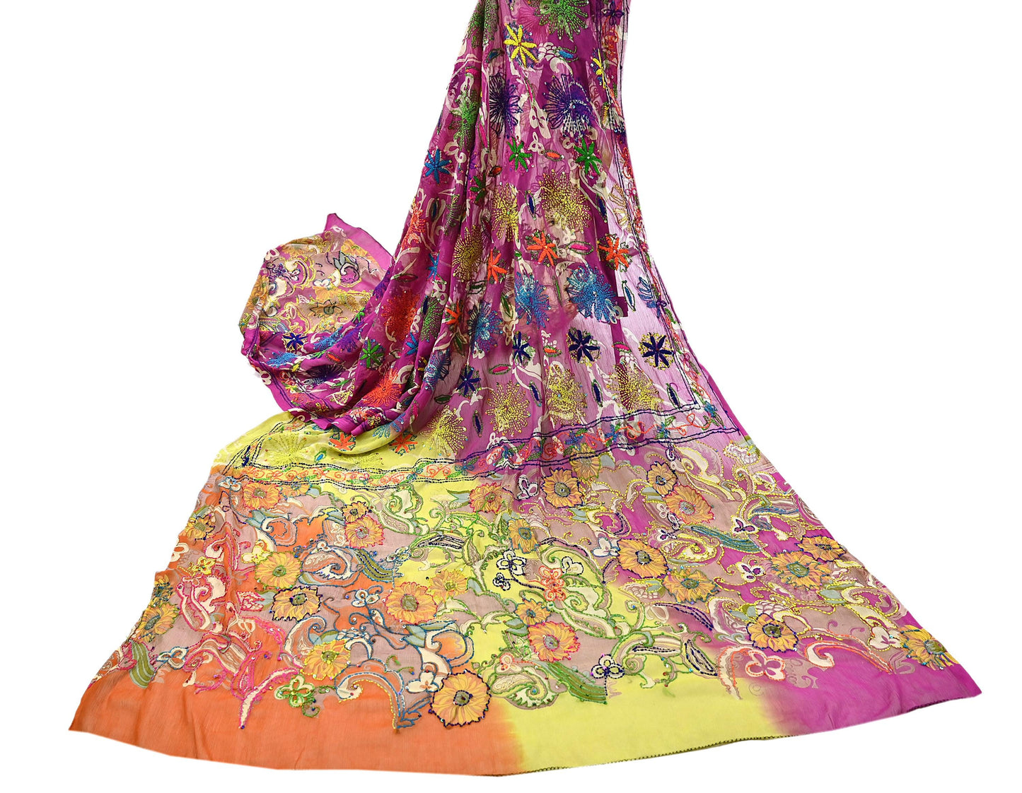 Indian Vintage Dupatta Long Stole Hand Embroidered kantha stole Georgette Scarves Veil Wrap Soft Floral Sequins