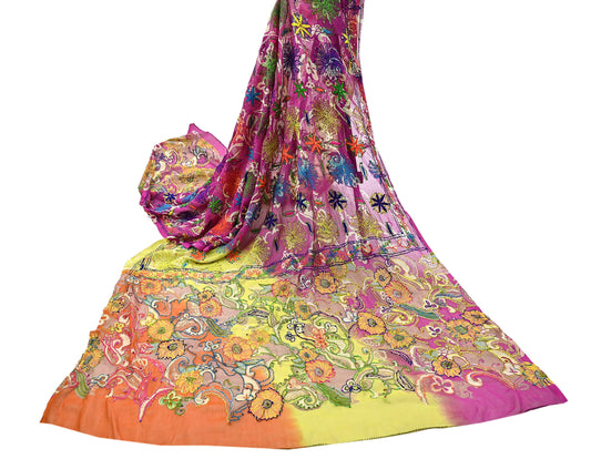 Indian Vintage Dupatta Long Stole Hand Embroidered kantha stole Georgette Scarves Veil Wrap Soft Floral Sequins