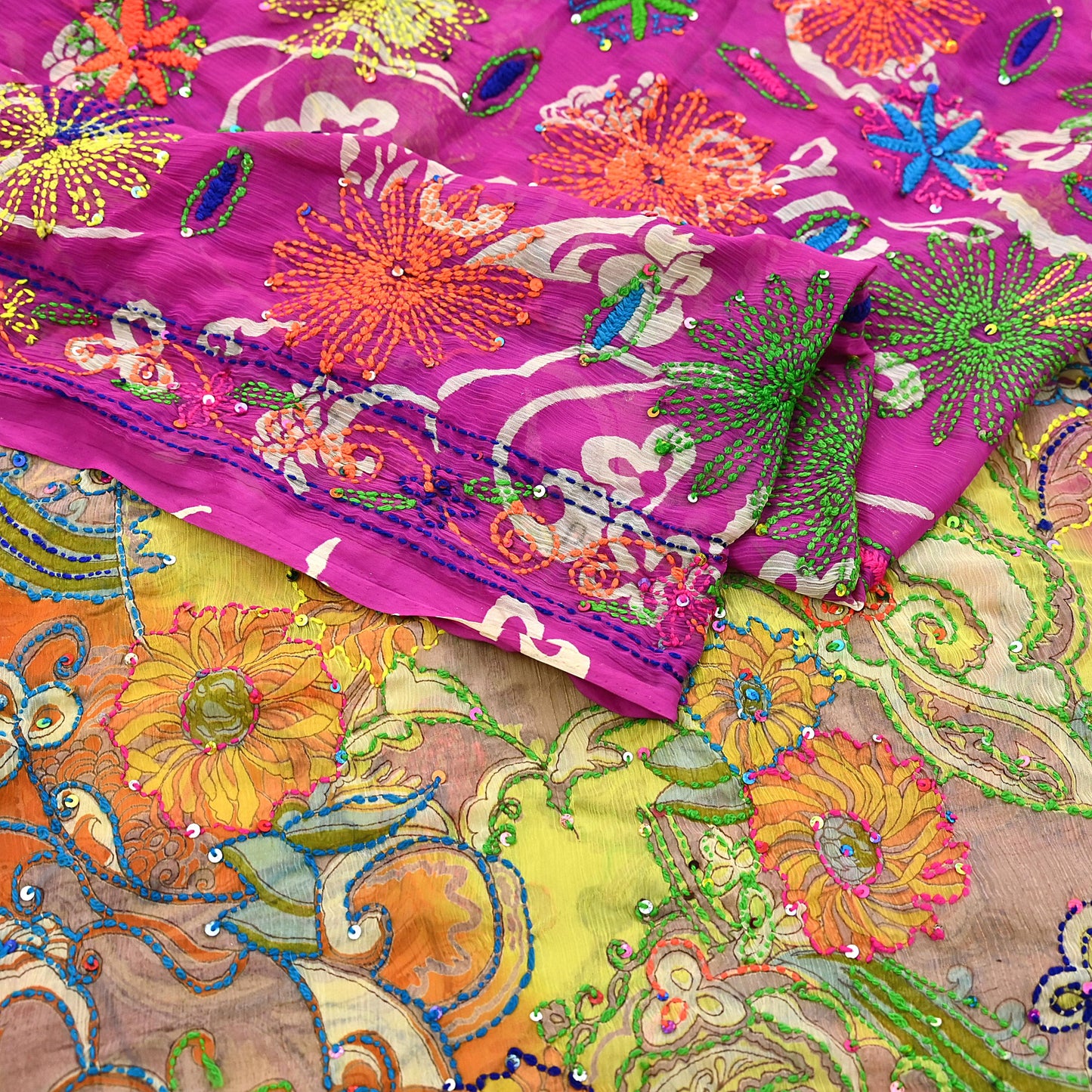 Indian Vintage Dupatta Long Stole Hand Embroidered kantha stole Georgette Scarves Veil Wrap Soft Floral Sequins