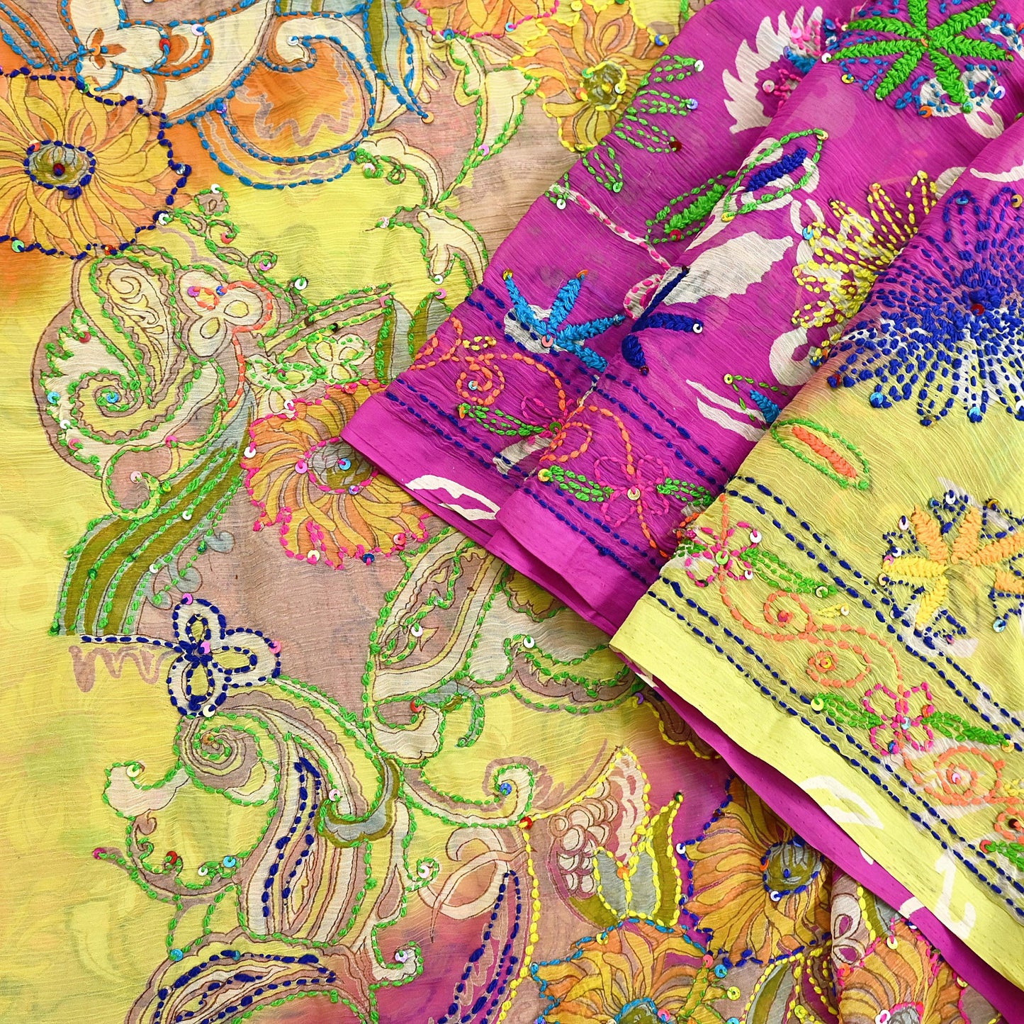 Indian Vintage Dupatta Long Stole Hand Embroidered kantha stole Georgette Scarves Veil Wrap Soft Floral Sequins