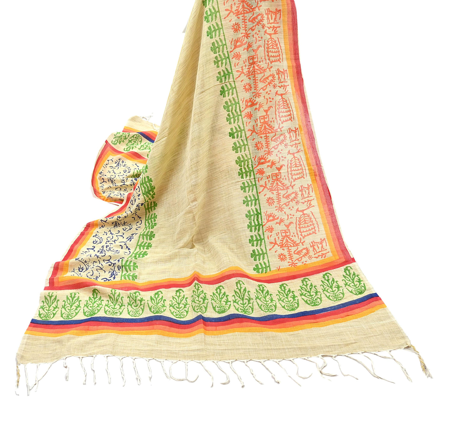 Indian Vintage Beige Dupatta 100% Pure Cotton Printed Long Stole Scarves Soft Veil Hijab Floral Design Boho Fabric For Dress