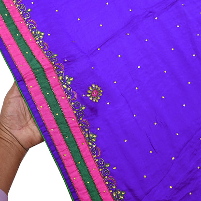 Indian Vintage Purple Dupatta Pure Silk Long Stole Hand Embroidered Scarves Floral Design Stole Veil Wrap Sequins