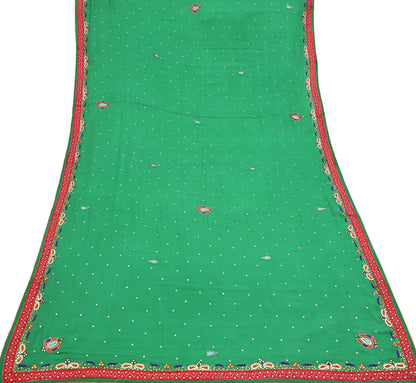 Indian Vintage Green Dupatta Pure Silk Long Stole Hand Embroidered Scarves Floral Design Stole Veil Wrap Sequins