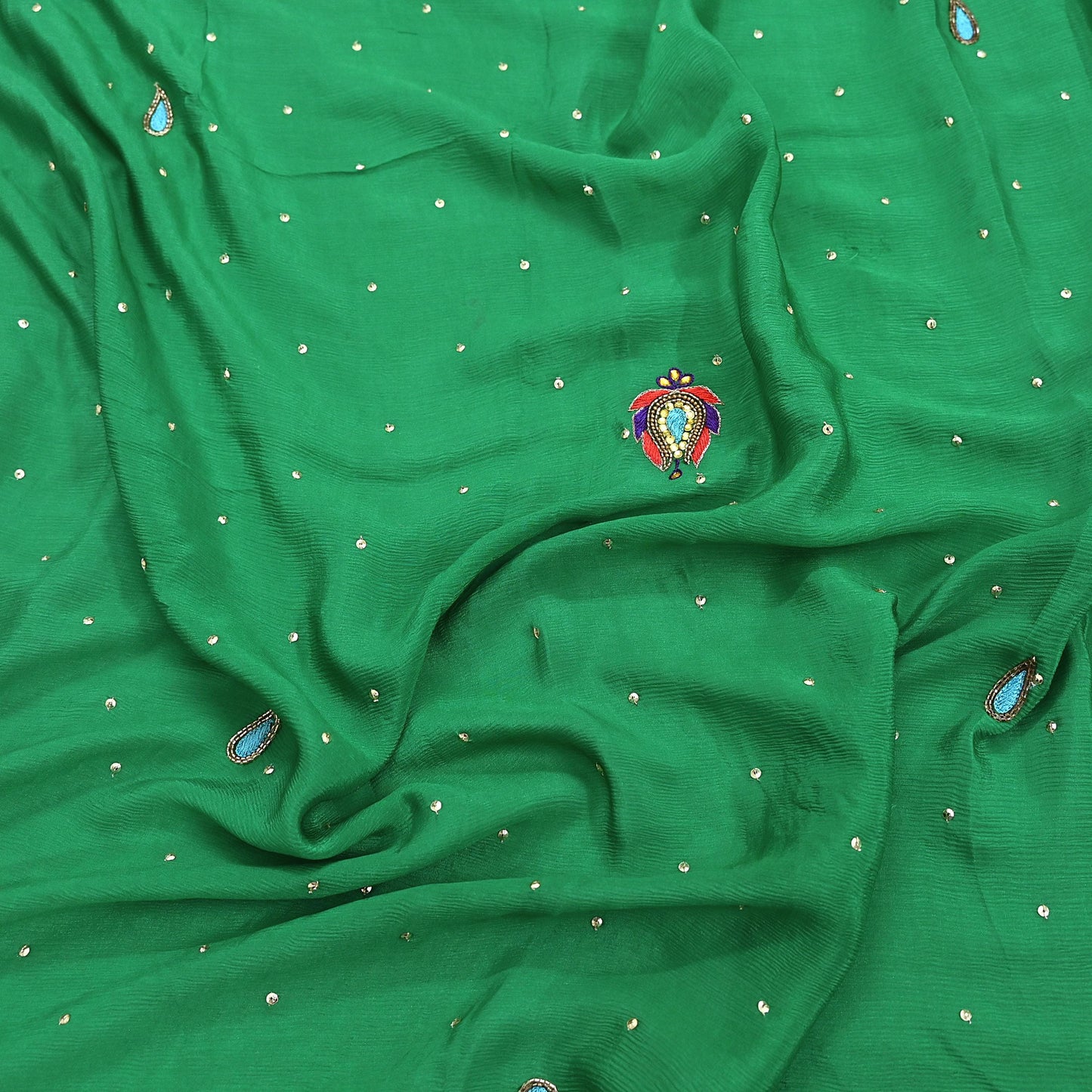 Indian Vintage Green Dupatta Pure Silk Long Stole Hand Embroidered Scarves Floral Design Stole Veil Wrap Sequins
