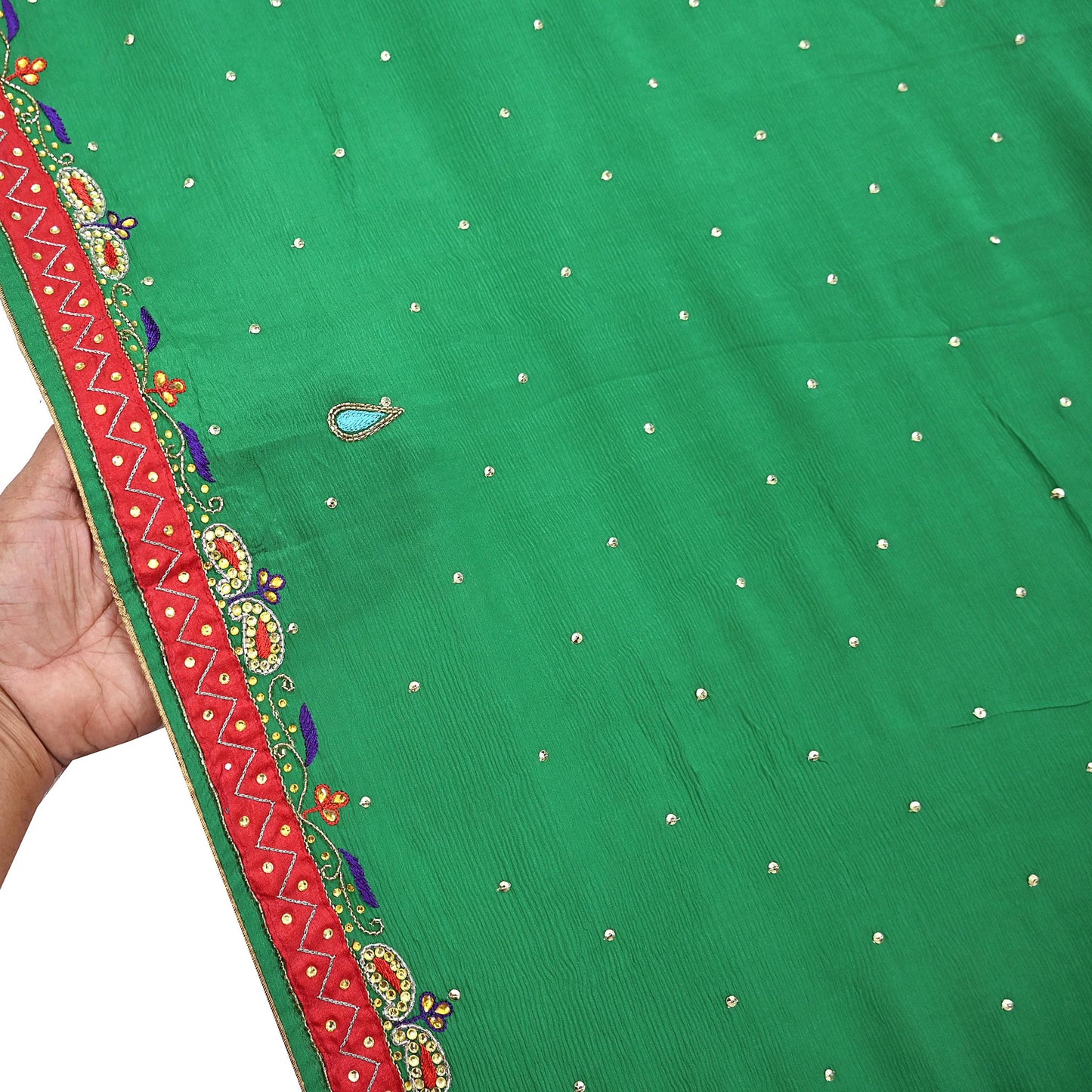 Indian Vintage Green Dupatta Pure Silk Long Stole Hand Embroidered Scarves Floral Design Stole Veil Wrap Sequins