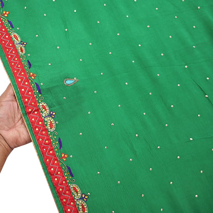 Indian Vintage Green Dupatta Pure Silk Long Stole Hand Embroidered Scarves Floral Design Stole Veil Wrap Sequins