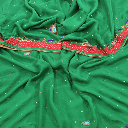 Indian Vintage Green Dupatta Pure Silk Long Stole Hand Embroidered Scarves Floral Design Stole Veil Wrap Sequins