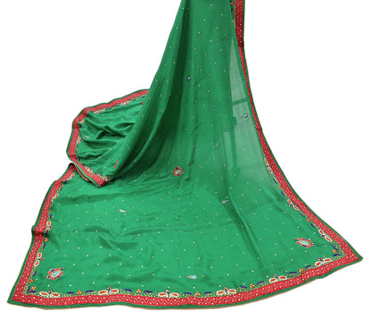 Indian Vintage Green Dupatta Pure Silk Long Stole Hand Embroidered Scarves Floral Design Stole Veil Wrap Sequins