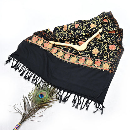Vintage Stole Black woolen Handmade Ari work Long Throw Warm Stole Floral Design Fringes