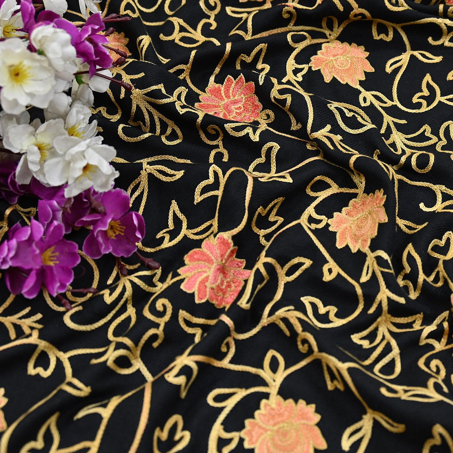 Vintage Stole Black woolen Handmade Ari work Long Throw Warm Stole Floral Design Fringes