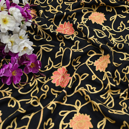 Vintage Stole Black woolen Handmade Ari work Long Throw Warm Stole Floral Design Fringes